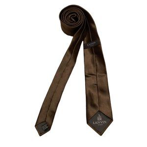 LANVIN PARIS Solid Brown Slim Tie 100% Silk Made In France 60" - 2".1/4 EX CD